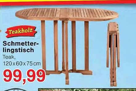 Schmetterlingstisch Teak, 120 x 60 x 75 cm