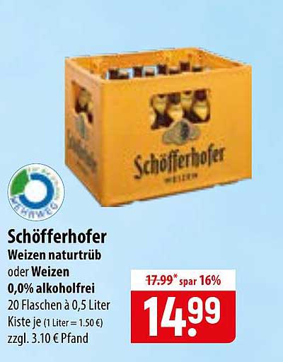 Schöfferhofer Weizen naturtrüb oder Weizen 0,0% alkoholfrei 20 Flaschen à 0,5 Liter Kiste je (1 Liter = 1.50 €) zzgl. 3.10 € Pfand
