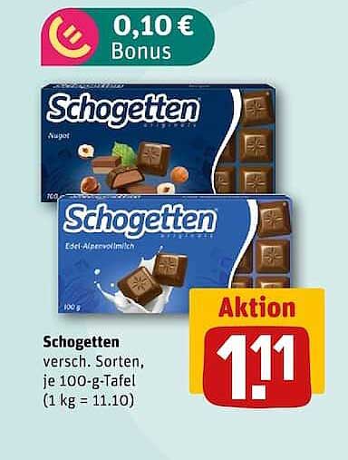 Schogetten versch. Sorten, je 100-g-Tafel (1 kg = 11.10)