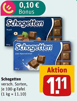 Schogetten versch. Sorten, je 100-g-Tafel (1 kg = 11.10)