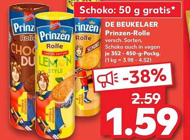 Schoko: 50 g gratis* DE BEUKELAER Prinzen-Rolle versch. Sorten, Schoko auch in vegan je 352 - 450-g-Pack. (1 kg = 3.98 - 4.52)