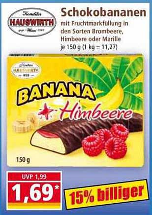 Schokobananen mit Fruchtmarkfüllung in den Sorten Brombeere, Himbeere oder Marille je 150 g (1 kg = 11,27)