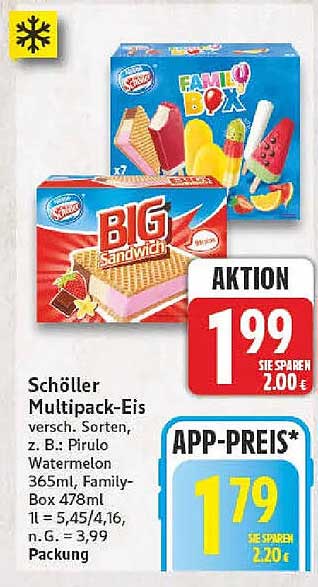 Schöller Multipack-Eis versch. Sorten, z. B.: Pirulo Watermelon 365ml, Family-Box 478ml 1 l = 5,45/4,16, n.G. = 3,99 Packung