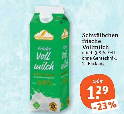 Schwälbchen frische Vollmilch mind. 3,8 % Fett, ohne Gentechnik, 1 l Packung