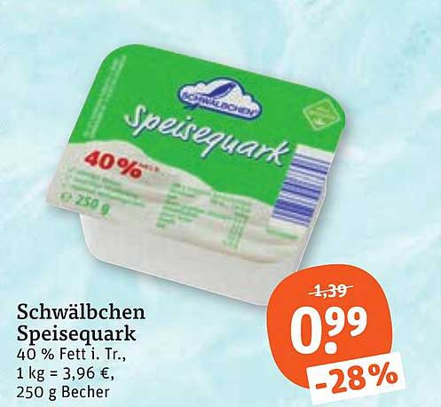 Schwälbchen Speisequark 40 % Fett i. Tr., 1 kg = 3,96 €, 250 g Becher