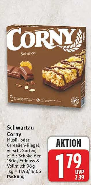 Schwartau Corny Müsli- oder Cerealien-Riegel, versch. Sorten, z. B.: Schoko 6er 150g, Erdnuss & Vollmilch 9g 1kg = 11,93/18,65 Packung