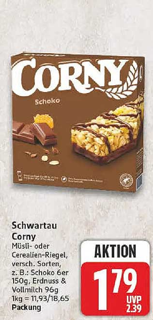Schwartau Corny Müsli- oder Cerealien-Riegel, versch. Sorten, z.B.: Schoko 6er 150g, Erdnuss & Vollmilch 96g 1kg = 11,93/18,65 Packung