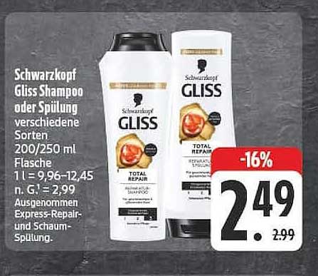 Schwarzkopf Gliss Shampoo oder Spülung verschiedene Sorten 200/250 ml Flasche