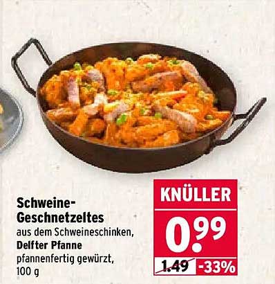Schweine-Geschnetzeltes aus dem Schweineschinken, Delfter Pfanne pannanenfertig gewürzt, 100 g