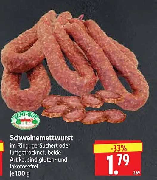Schweinemettwurst im Ring, geräuchert oder luftgetrocknet, beide Artikel sind gluten- und laktosefrei je 100 g