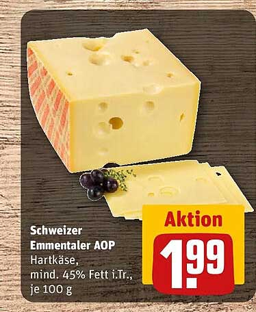 Schweizer Emmentaler AOP Hartkäse, mind. 45% Fett i.Tr., je 100 g