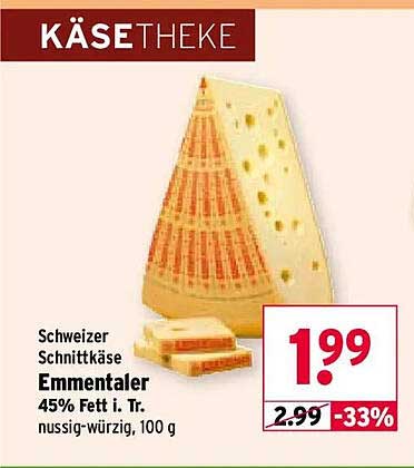 Schweizer Schnittkäse Emmentaler 45% Fett i. Tr. nussig-würzig, 100 g
