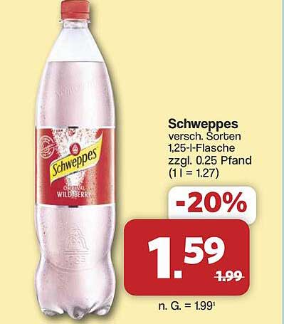 Schweppes versch. Sorten 1,25-l-Flasche zzgl. 0.25 Pfand (1 l = 1.27)