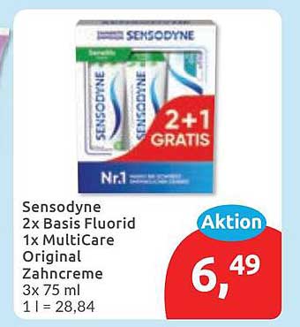 Sensodyne 2x Basis Fluorid 1x MultiCare Original Zahncreme 3x 75 ml