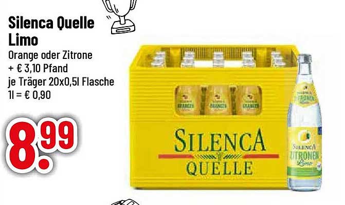Silenca Quelle Limo Orange oder Zitrone + € 3,10 Pfand je Träger 20x0,5l Flasche 1l = € 0,90