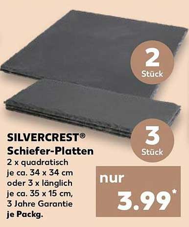 SILVERCREST Schiefer-Platten 2 x quadratisch je ca. 34 x 34 cm oder 3 x länglich je ca. 35 x 15 cm, 3 Jahre Garantie je Packg.