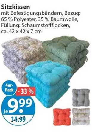Sitzkissen mit Befestigungsbändern, Bezug: 65 % Polyester, 35 % Baumwolle, Füllung: Schaumstoffflocken, ca. 42 x 42 x 7 cm