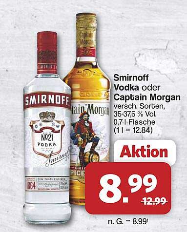 Smirnoff Vodka oder Captain Morgan versch. Sorten, 35-37,5 % Vol. 0,7-l-Flasche (1 l = 12.84)