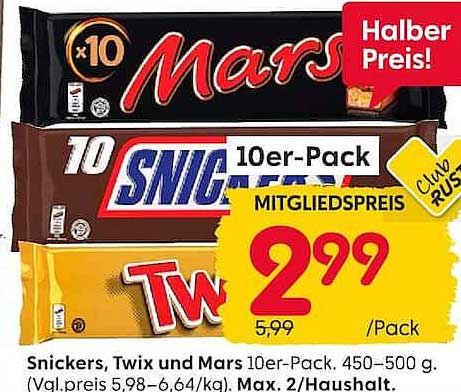 Snickers, Twix und Mars 10er-Pack. 450–500 g.