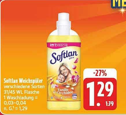 Softlan Weichspüler verschiedene Sorten 31/45 WL Flasche 1 Waschladung = 0,03-0,04 n. GT¹=1,29