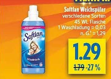 Softlan Weichspüler verschiedene Sorten 45 WL Flasche 1 Waschladung = 0,03 n. G.: 1,29