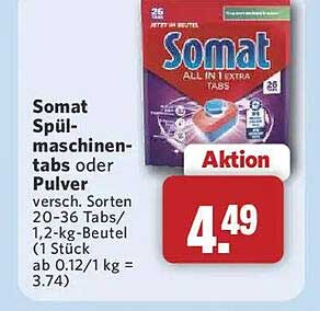 Somat Spülmaschinen-tabs oder Pulver versch. Sorten 20-36 Tabs/ 1,2-kg-Beutel (1 Stück ab 0.12/1 kg = 3.74)