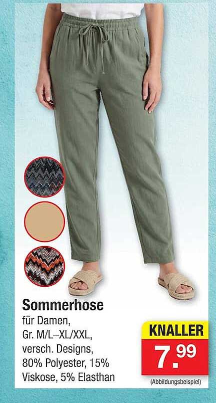 Sommerhose für Damen, Gr. M/L–XL/XXL, versch. Designs, 80% Polyester, 15% Viskose, 5% Elasthan