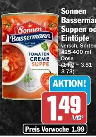 Sonnen Bassermann Suppen oder Eintöpfe versch. Sorten 425-400 ml Dose (1 kg = 3.51-3.73)