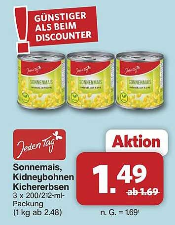 Sonnenmais, Kidneybohnen Kichererbsen 3 x 200/212-ml-Packung (1 kg ab 2.48)