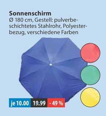 Sonnenschirm Ø 180 cm, Gestell: pulverbeschichtetes Stahlrohr, Polyesterbezug, verschiedene Farben