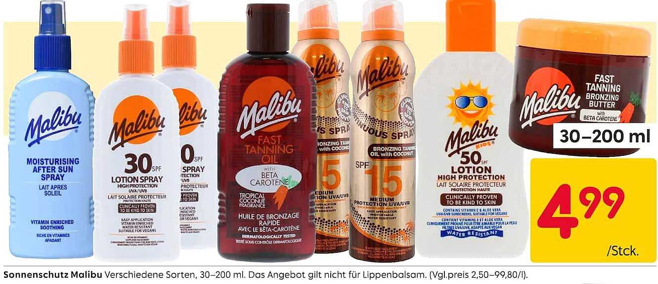 Sonnenschutz Malibu Verschiedene Sorten, 30–200 ml
