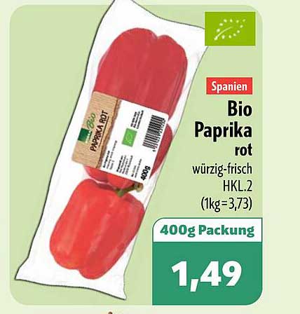 Spanien Bio Paprika rot würzig-frisch HKL.2 (1kg=3,73) 400g Packung