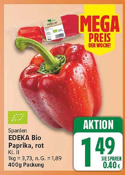 Spanien EDEKA Bio Paprika, rot Kl. II 1kg = 3,73, n.G. = 1,89 400g Packung