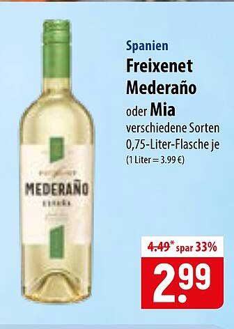 Spanien Freixenet Mederaño oder Mia verschiedene Sorten 0,75-Liter-Flasche je (1 Liter = 3.99 €)