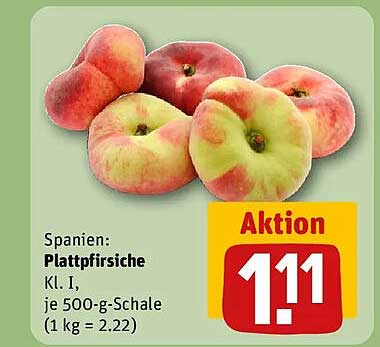 Spanien: Plattpfirsiche Kl. I, je 500-g-Schale (1 kg = 2.22)