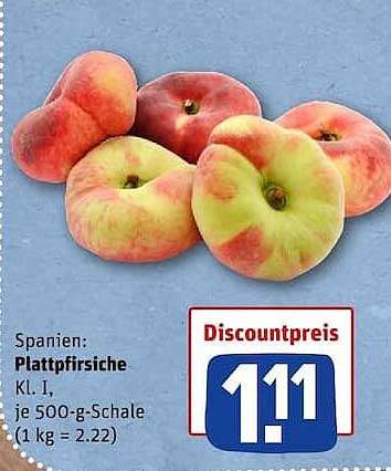 Spanien: Plattpfirsiche Kl. I, je 500-g-Schale (1 kg = 2.22)