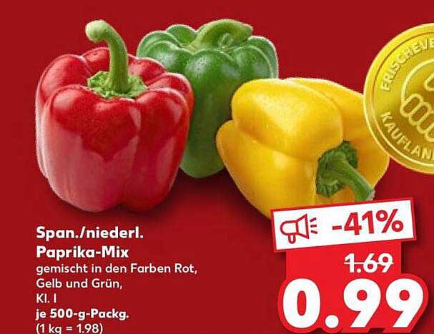 Span./niederl. Paprika-Mix gemischt in den Farben Rot, Gelb und Grün, Kl. I je 500-g-Packg. (1 kg = 1.98)