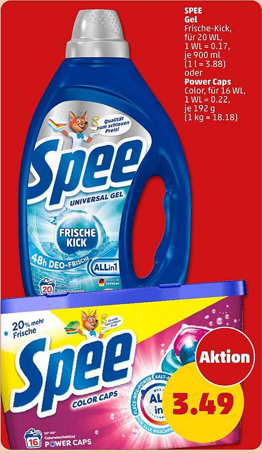 Spee Gel Frische-Kick, für 20 WL, 1 WL = 0.17, je 900 ml (1 l = 3.88) oder Power Caps Color, für 16 WL, 1 WL = 0.22, je 192 g (1 kg = 18.18)