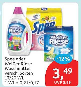 Spee oder Weißer Riese Waschmittel versch. Sorten 17/20 WL 1 WL = 0,21/0,17