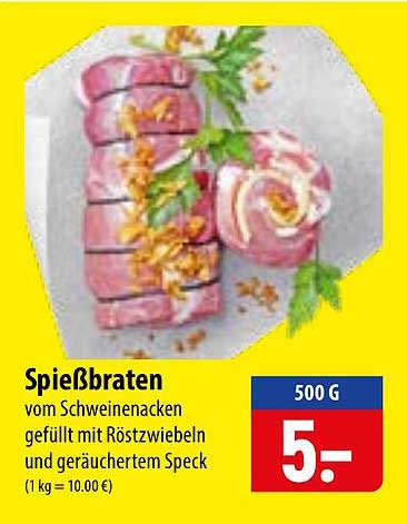 Spießbraten vom Schweinenacken gefüllt mit Röstzwiebeln und geräuchertem Speck