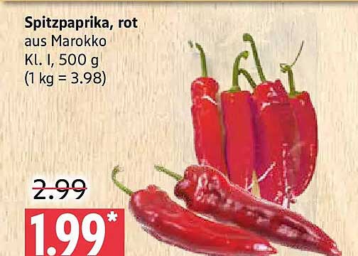 Spitzpaprika, rot aus Marokko Kl. I, 500 g (1 kg = 3.98)