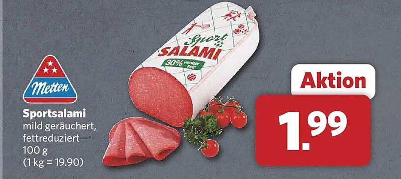 Sportsalami mild geräuchert, fettreduziert, 100 g (1 kg = 19.90)