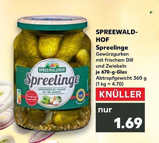 SPREEWALD-HOF Spreelinge Gewürzgurken mit frischem Dill und Zwiebeln je 670-g-Glas Abtropfgewicht 360 g (1 kg = 4.70)