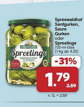 Spreewaldhof Senfgurken, Saure Gurken oder Spreelinge 720-ml-Glas (1 kg ab 4.26)