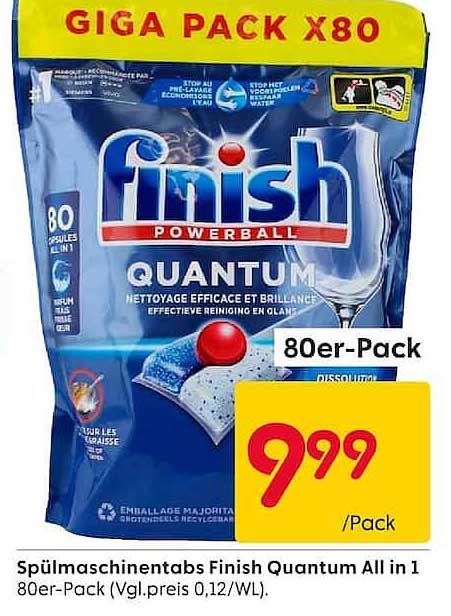 Spülmaschinentabs Finish Quantum All in 1 80er-Pack (Vgl.preis 0,12/WL).