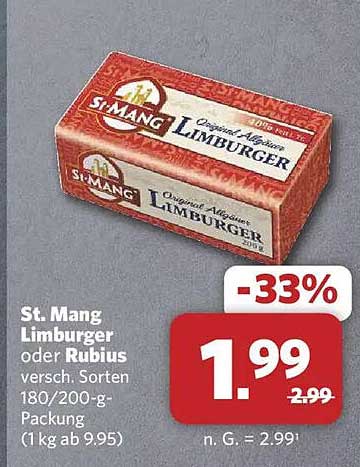 St. Mang Limburger oder Rubius versch. Sorten 180/200-g-Packung (1 kg ab 9,95)
