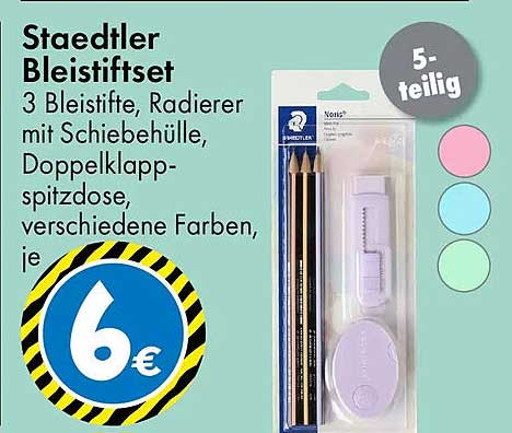 Staedtler Bleistiftstifte 3 Bleistifte, Radierer mit Schiebehülle, Doppelklapp- spitzdose, verschiedene Farben, je 5-teilig