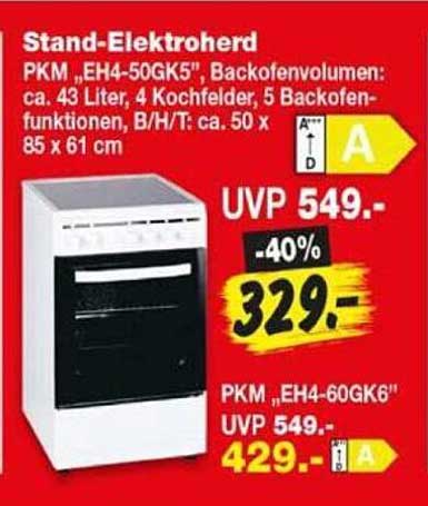 Stand-Elektroherd PKM „EH4-50GK5“, Backofenvolumen: ca. 43 Liter, 4 Kochfelder, 5 Backofen-funktionen, B/H/T: ca. 50 x 85 x 61 cm
