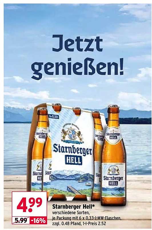 Starnberger Hell* verschiedene Sorten, je Packung mit 6 x 0,33-l-MW-Flaschen, zzgl. 0,48 Pfand, 1-l-Preis 2,52