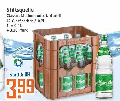 Stiftsquelle Classic, Medium oder Naturell 12 Glasflaschen à 0,7l 1l = 0.48 + 3.30 Pfand